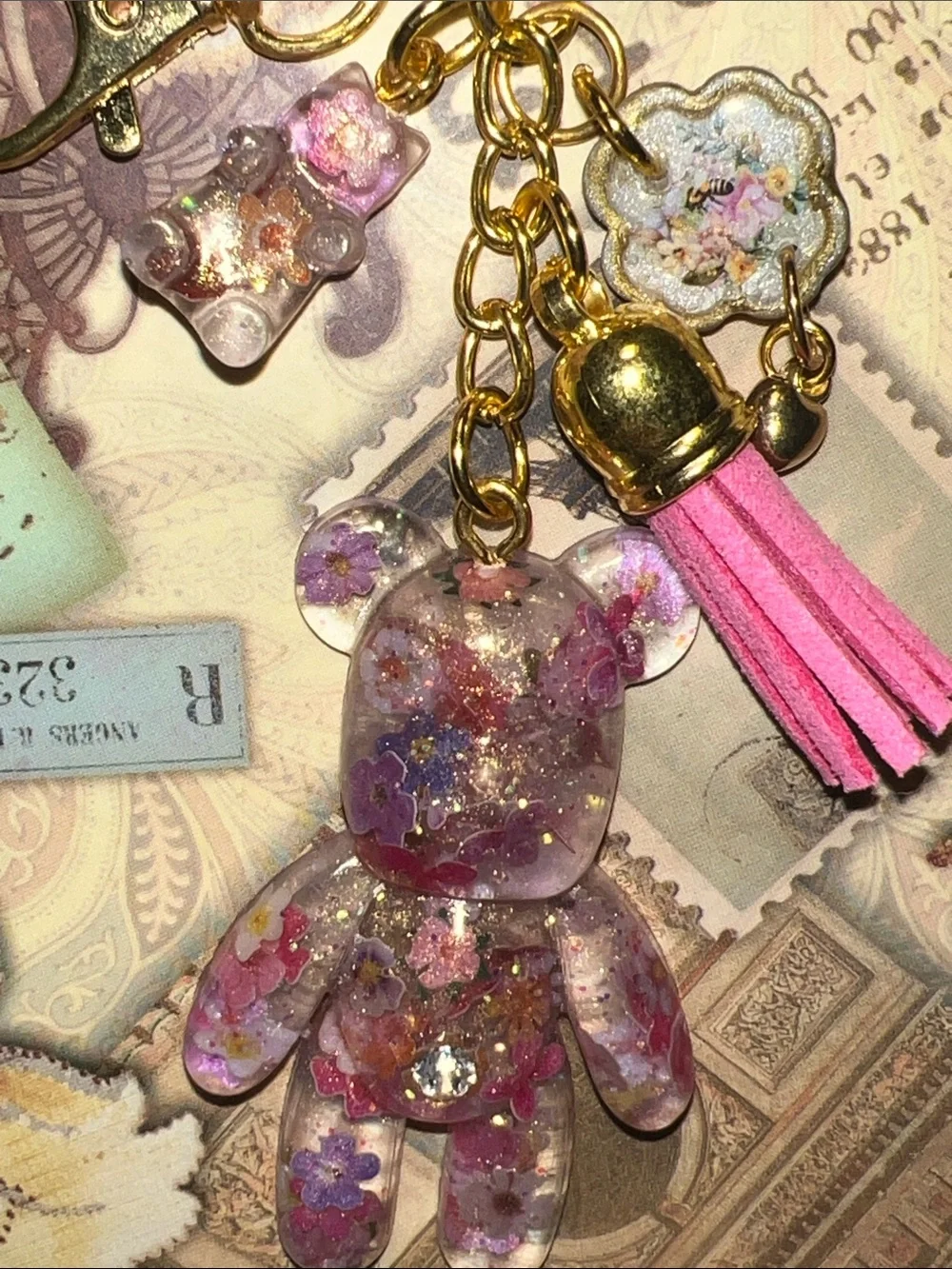 Gold Pink Floral Bear Keychain, backpack or purse Charm.